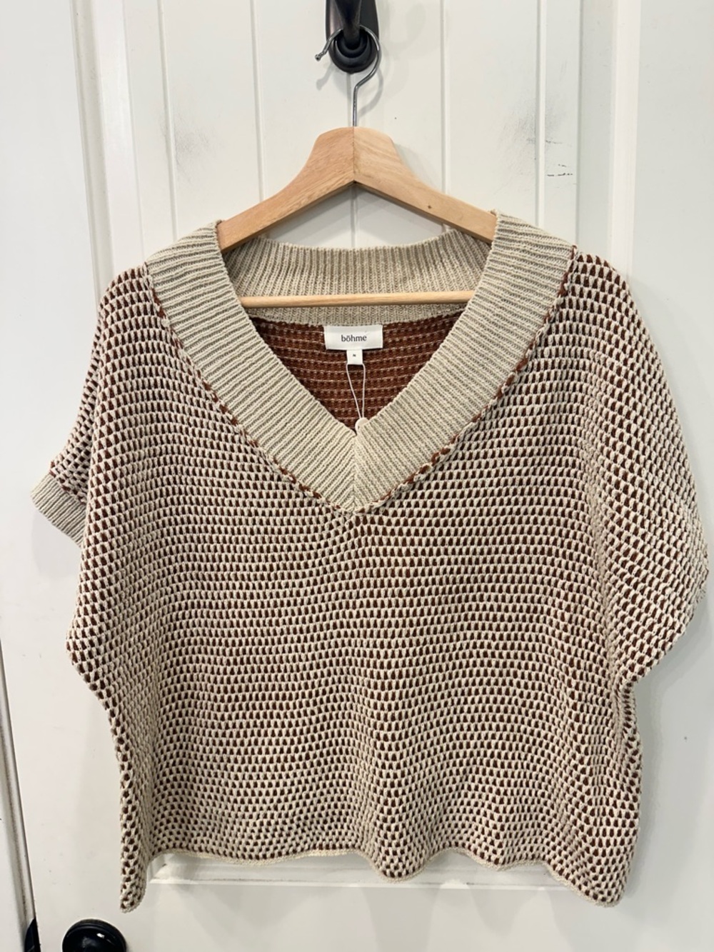 böhme Short Sleeve V-Neck Knit Sweater Top Cream Rust Brown Size M